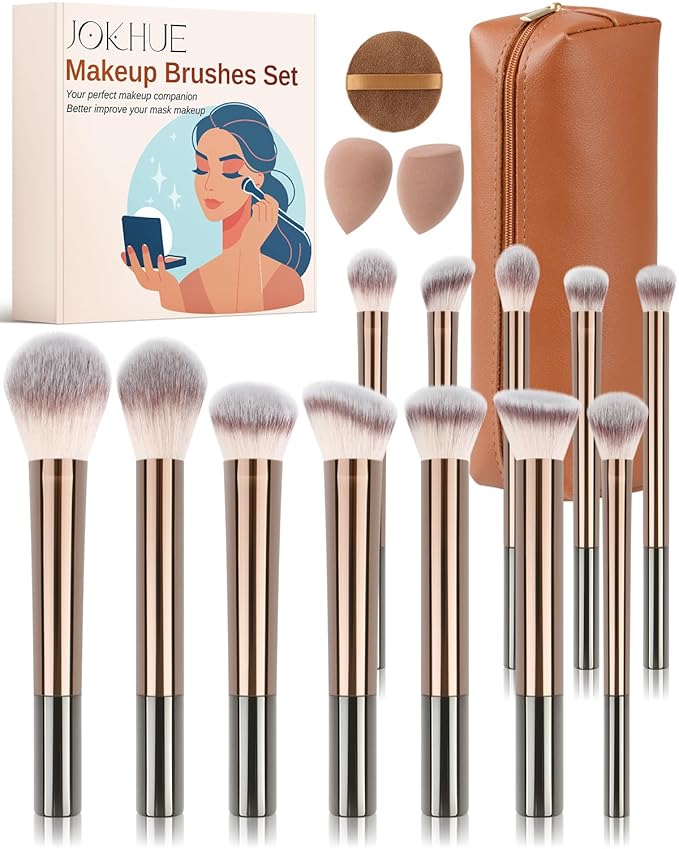 Makeup Brushes Set, 12 Pcs Multi-functional Cosmetic Brushes Tools Kit With 3 Makeup Sponges and Storage Bag, Soft Bristles are Suitable for Foundation, Concealer, and Eyeshadow (Brown)