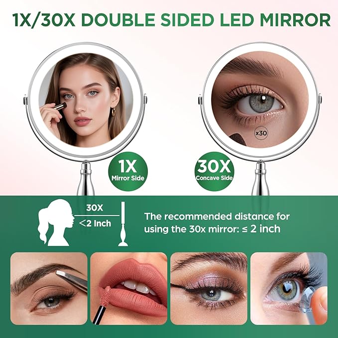 30x Magnifying Mirror, Lighted Makeup Mirror with 3 Colors Modes & Adjustable Brightness, 5000mAh Rechargeable, 360° Rotation Double Side, Large Magnifying Vanity Mirror, Gifts for Women