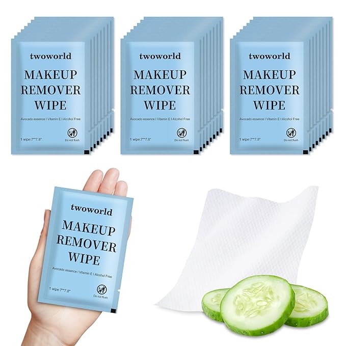 Twoworld Makeup Remover Wipes Bulk Individually Wrapped,Travel Makeup Wipes Gentle for Face Cleansing Mascara Lipstick Travel Hotel(Cucumber,Pack of 50)