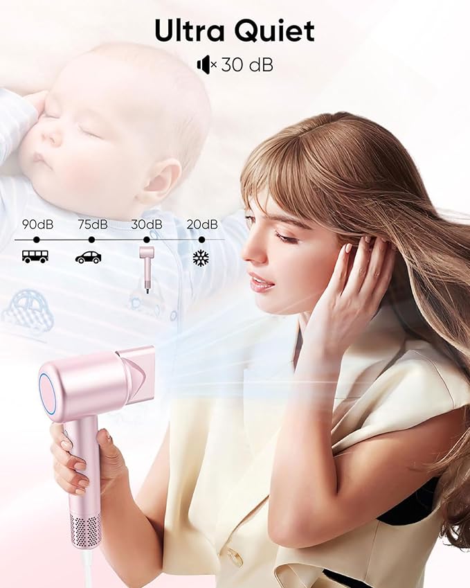 Hair Dryer, High-Speed Ionic Low Noise Blow Dryer for Fast Drying, Birthday Christmas Gifts for Women Men Mom Dad, Thermo-Control Quiet Compact Hair Blow Dryer for Travel Salon, Babypink
