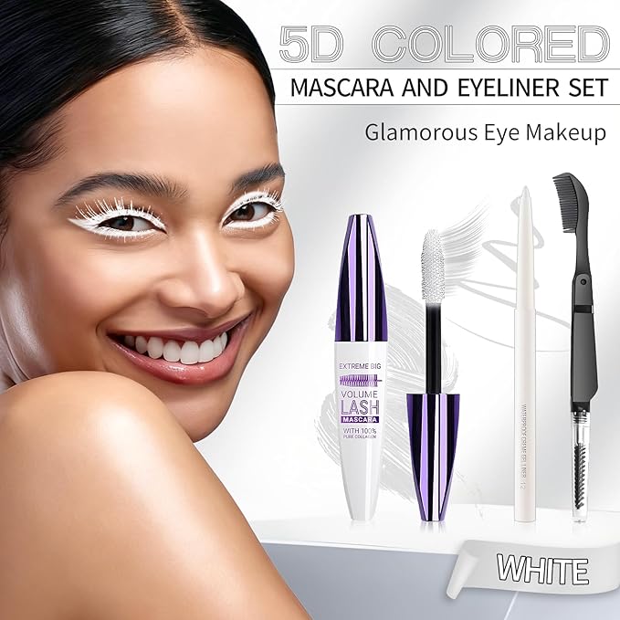 White Mascara and Eyeliner Set,5D Colored Mascara Volume and Length Waterproof,Natural Curling rimel de pestañas,Suitable for Women Eye Makeup