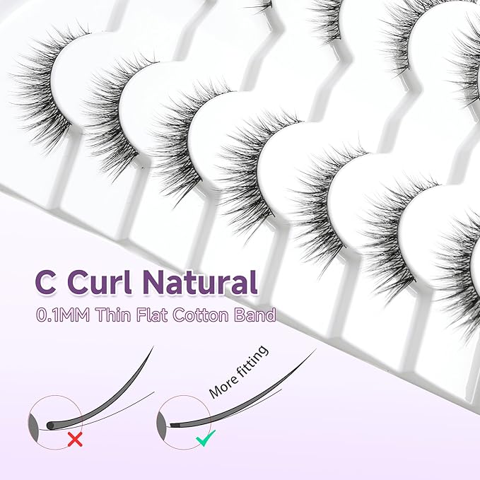 Natural Cat Eye Lashes 14mm Wispy Eyelashes with Thin Band 3D Volume Soft Strip Lashes Pack C Curl 7 Pair