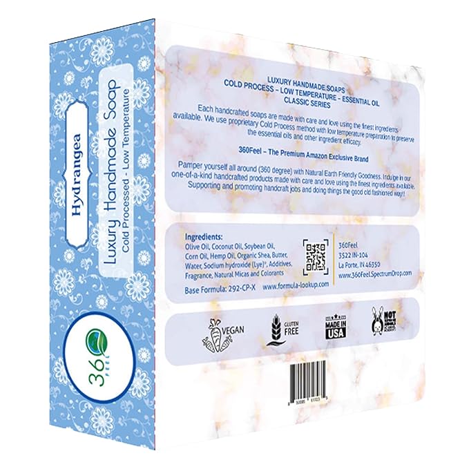 360Feel Hydrangea Soap - Handcrafted Castile Natural Soap Bar with Soothing Scent - Handmade with Essential Oils - Ideal Gift for Anniversaries, Weddings and Holiday Stockings - Rich Lather - 5 Ounce