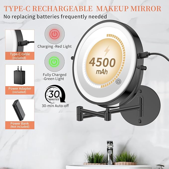 FUNTOUCH 10" 1X/30X Wall Mounted Lighted Makeup Mirror, 4500mAh Rechargeable Double Sided Magnifying Mirror with Adapter, 3 Color Lights,Touch Dimmable, 360 Rotation Extended Arm for Bathroom,Black