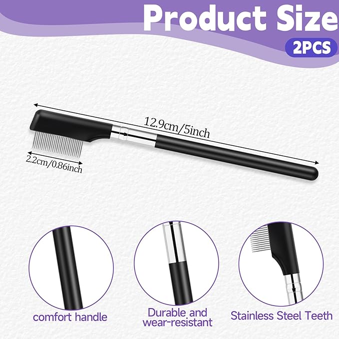 Metal Eyelash Comb Separator, 2 Pack Eyebrow Brush Eye Brow Grooming Tool Professional Eyebrow Makeup Brush Tools with Metal Teeth for Women (Black)