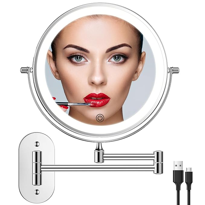 FUNTOUCH 5000mAh Rechargeable Wall Mounted Lighted Makeup Vanity Mirrors, Double Sided 1X 30X Magnifying, 3 Color Lighting, Touch Screen Dimming, Extended Arm 360 Rotation Shaving Bathroom Mirror