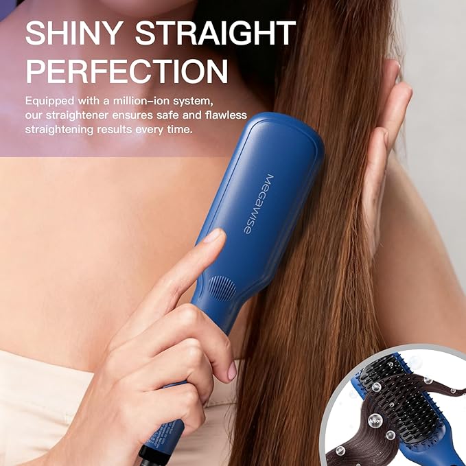 MEGAWISE Pro Ceramic Ionic Hair Straightener Brush for Home Salon, Straightening Hair Brush with 20s Heating Tech, Auto-Off, Anti-Scald with Universal Dual Voltage,Rotatable Power Cord, Gentian Blue