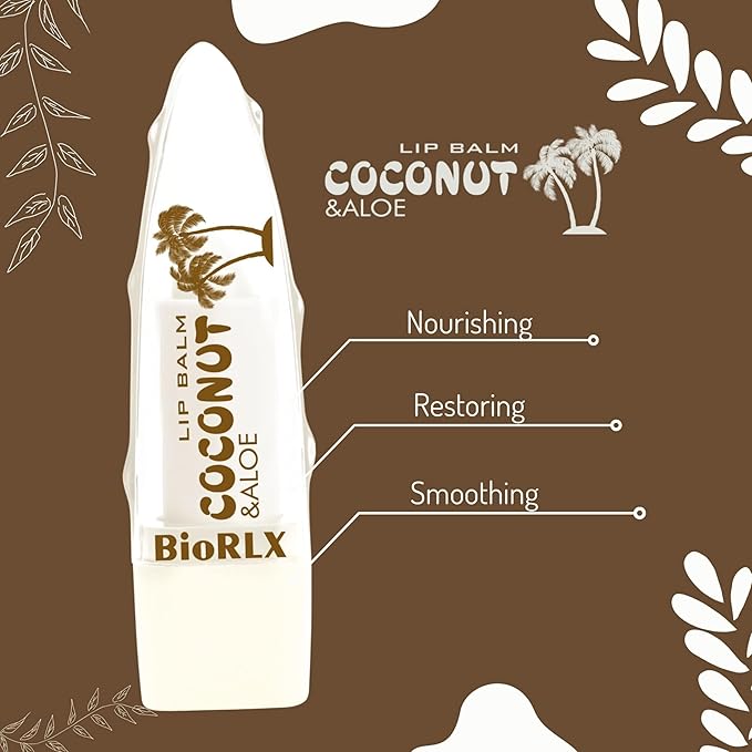BioRLX 99% Purity Aloe Vera Lip Balm - Natural Moisturizing Unisex Lip Care for Hydrated and Radiant Lips (Coconut Oil, 0.12 Ounce (Pack of 2))