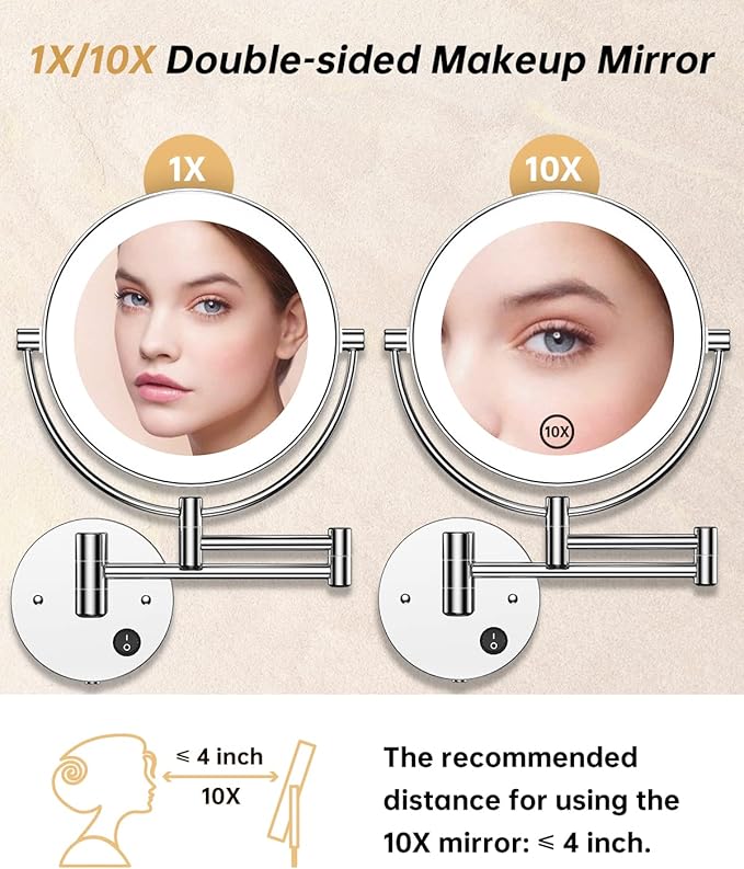 Gospire 8.5" Wall Mounted Lighted Magnifying Mirror, 1X/10X Double-Sided Magnification Round LED Cosmetic Vanity Bathroom Mirror Extendable Arm 360° Swivel for Shaving Makeup