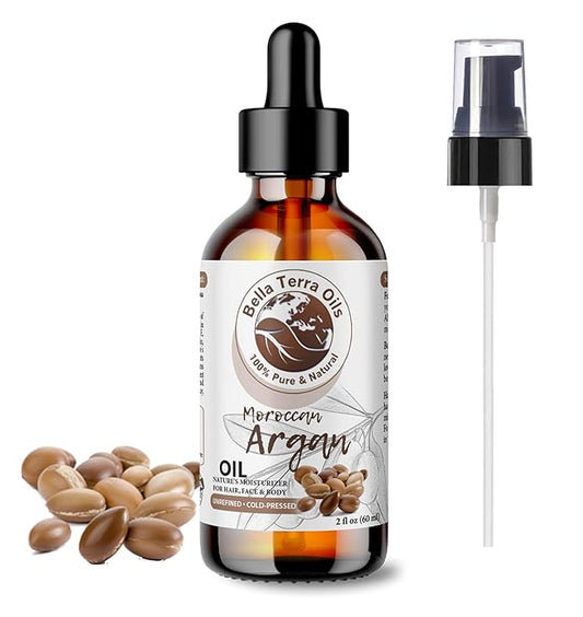 Bella Terra Oils - Argan Oil 2oz - Nature's Hair Oil for Frizzy Hair, Packed with Vitamin E & Omega Fats, Best Serum for Radiant Skin
