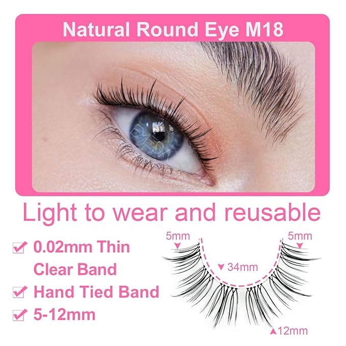 False Eyelashes Natural Look False Lashes Short 12mm 0.1mm Ultra Thin Handmade Tied Clear Band Fake Eyelash Strip Wispy Soft Lightweight Pestañas Postizas(M18）