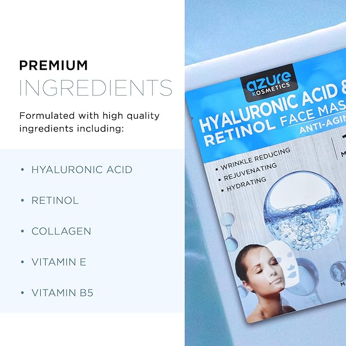 Azure Cosmetics Complete Facial Sheet Mask Bundle - Deeply Hydrating, Anti Aging, Firming - Hyaluronic Acid, Collagen, Vit C, B5, Retinol - Vegan and Alcohol/Cruelty Free - 15 Masks - Made in Korea