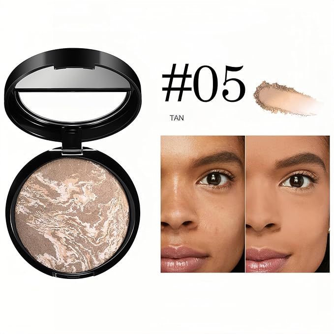 MAEPEOR Baked Setting Powder Brighten Color Correcting Powder Foundation Natural Smooth Lightweight Oil-Control Pressed Foundation (05 Tan)