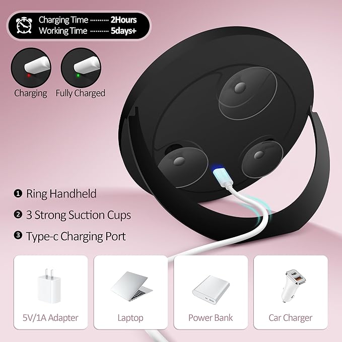 30X Magnifying Mirror Suction Cup, 6" Makeup Mirror with Lights, Rechargeable Travel Mirror with 3 Color Dimmable Lights for Precision Makeup, Fits Bathroom/Wall Suction/Hanging, Black
