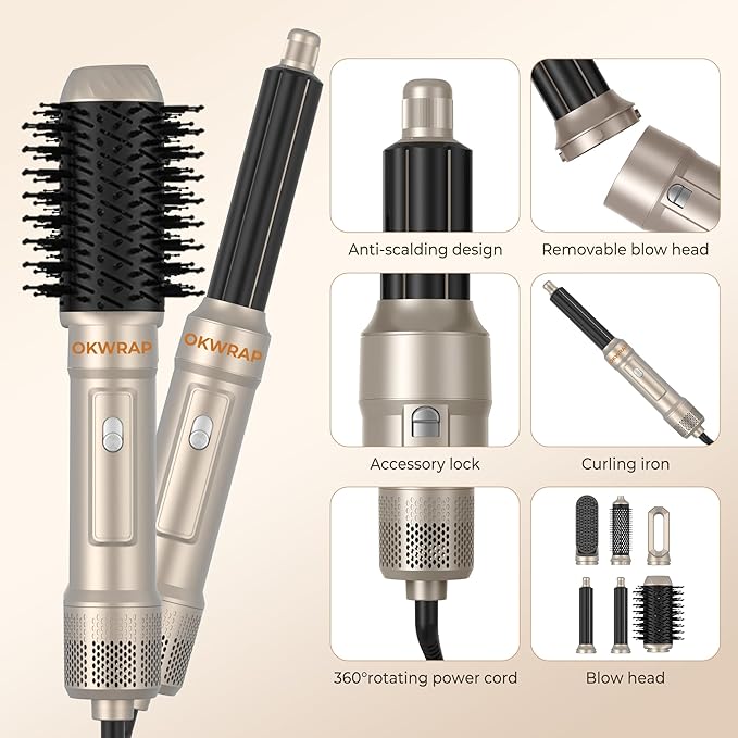 6 in ONE Blow Dryer Brush,Air Curling Iron Round Brush Blow Dryer 800W,Ionic Hair Dryer Brush for Women, Hot Air Brush Hair Styling Tools 100-120V (Golden Champagne)