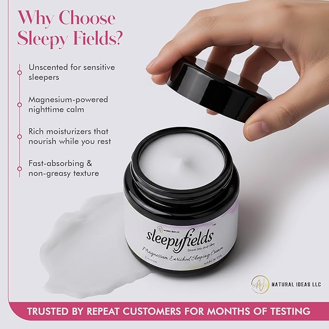 SLEEPY FIELDS Unscented Magnesium-Enhanced Sleep Cream - Nighttime Moisturizing Cream for Pain Calm, Leg Cramps, Sleep & Muscle Soreness - Fast Absorbing, Non-Greasy, Made in USA - 2 oz