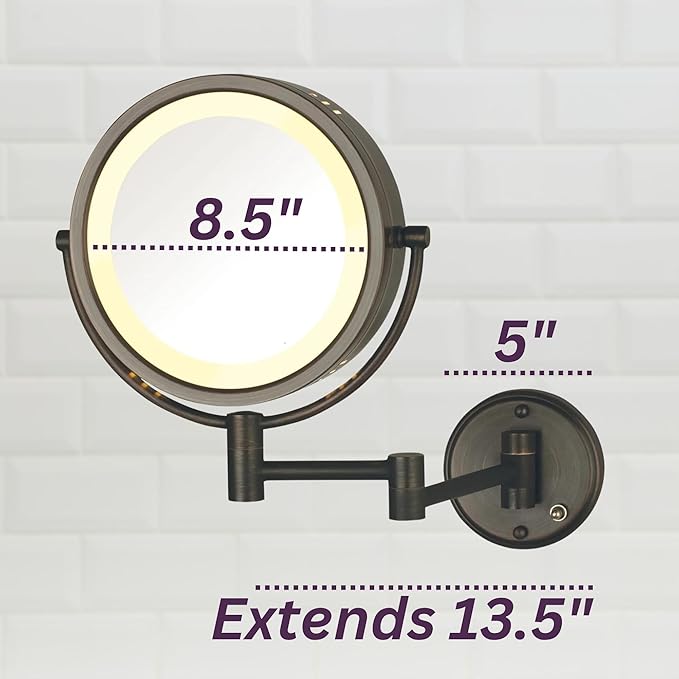 JERDON Two-Sided Wall-Mounted Makeup Mirror with Lights - Direct-Wired Lighted Makeup Mirror with 8X Magnification - 8.5-inch Diameter Mirror with Bronze Finish Wall Mount - Model HL75BZD