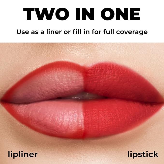Matte Gel Lip Pencil – Waterproof, Long Lasting, High Pigment & Sharpenable – Creamy Texture for Smooth Finish – Dark Red, Vegan - Vegan, Ruby red - N.411