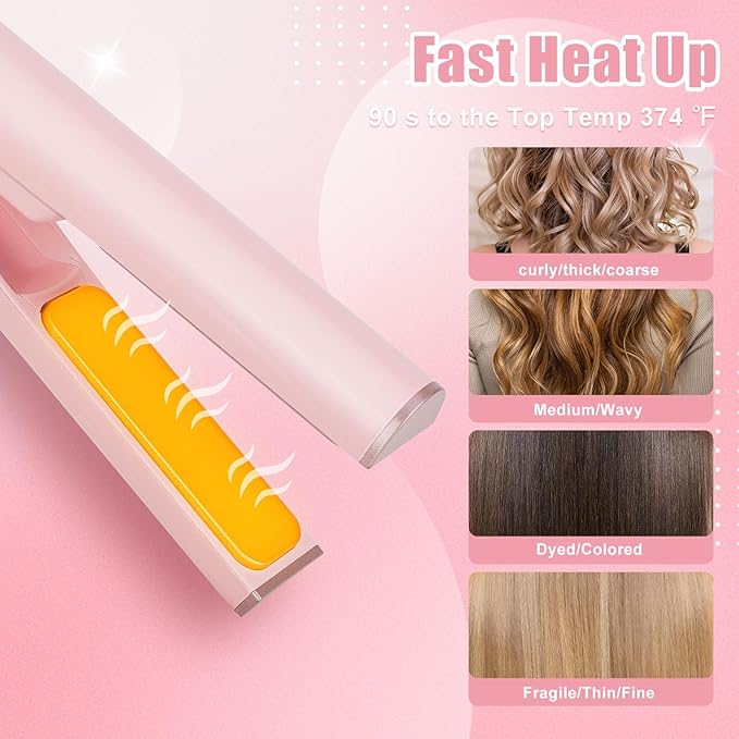Mini Portable Cordless Hair Straightener,USB Rechargeable，Rapid Heating can Work continuously for 40 Minutes,Wireless Curling Iron for Travel (Pink)