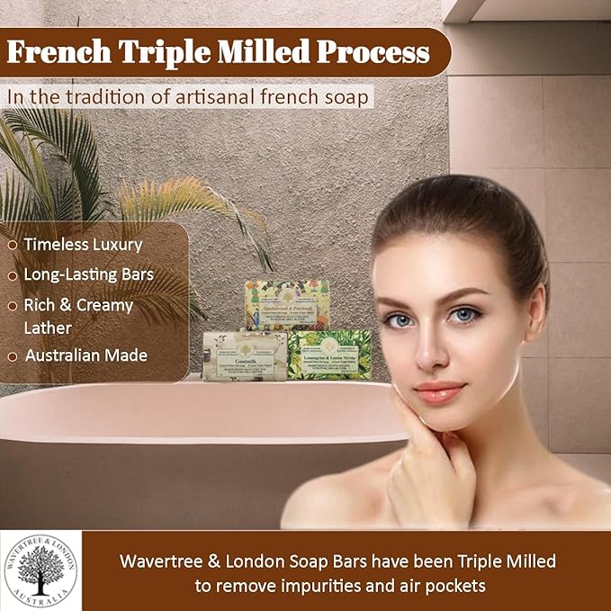 Wavertree & London Trio Gift Box (3 Bars) - 7oz Lemon Myrtle, Goats Milk, Sandalwood Patchouli Scented Moisturizing Triple Milled Natural Soap Bars - Pure Plant Oil Soap Bars for All Skin Types