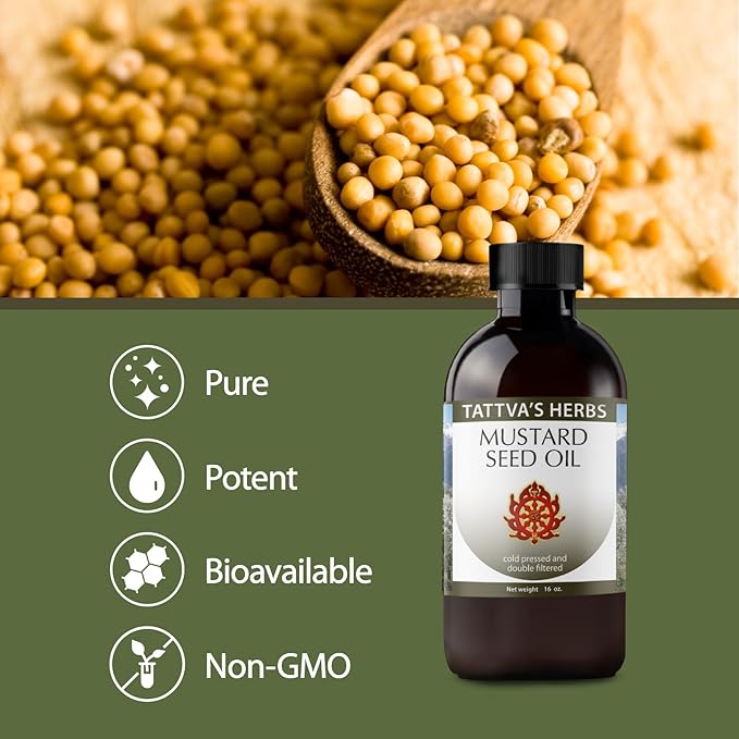 Tattva's Herbs Mustard Seed Oil for Hair, Cooking, Skin, & Massage, Unrefined Cold Pressed, Soothes Sore Joints, Kapha Balancing, 16 fl oz