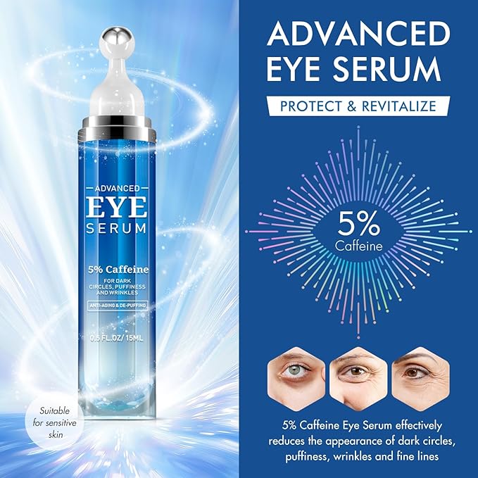 Advanced Eye Serum with 5% Caffeine & Retinol Hyaluronic Acid Niacinamide Eye Treatment Cream for Puffy Bags Dark Circles Fine Lines Under Eyes Serum with 360°Massage Roller Ball 15ML/0.5 fl.oz