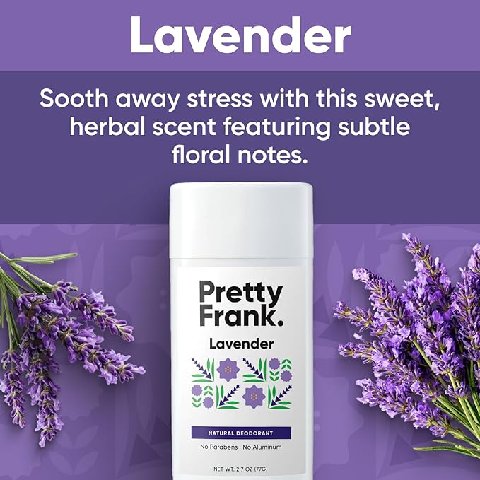 Pretty Frank Natural Aluminum-Free Deodorant Stick, Lavender (2-Pack) | All-Day Odor Control for Women & Men | Effective, Skin Soothing Formula with Safe, Organic Ingredients and Essential Oils