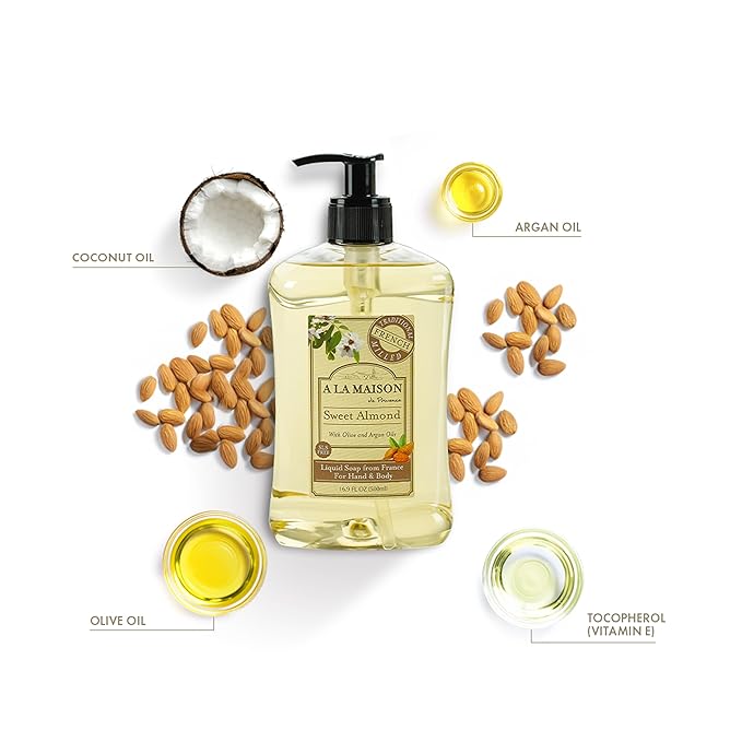 A LA MAISON French Liquid Hand Soap, Almond - Natural Hand Wash Made with Essential Oils - Biodegradable, Plant-Based, Vegan, Cruelty-Free, Alcohol & Paraben Free (16.9 oz, 6 Pack)