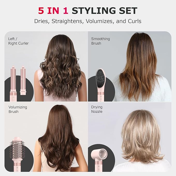 5 in 1 Hot Air Styler Wrap – High-Speed Hair Dryer Brush with Auto Wrap Curlers, Fast Drying & Frizz-Free Styling, No Heat Damage, Volumizing Brush with Travel Bag