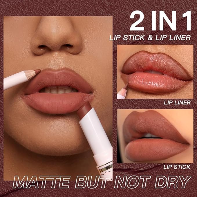 USHAS Lipstick and Lip Liner Combo Set 2 in 1 Waterproof Lipstick for Women Lip liner Set Long Lasting Lipstick, Matte Lipstick Pen with Lip Liner Set Makeup Kits (S7, Pack of 1)