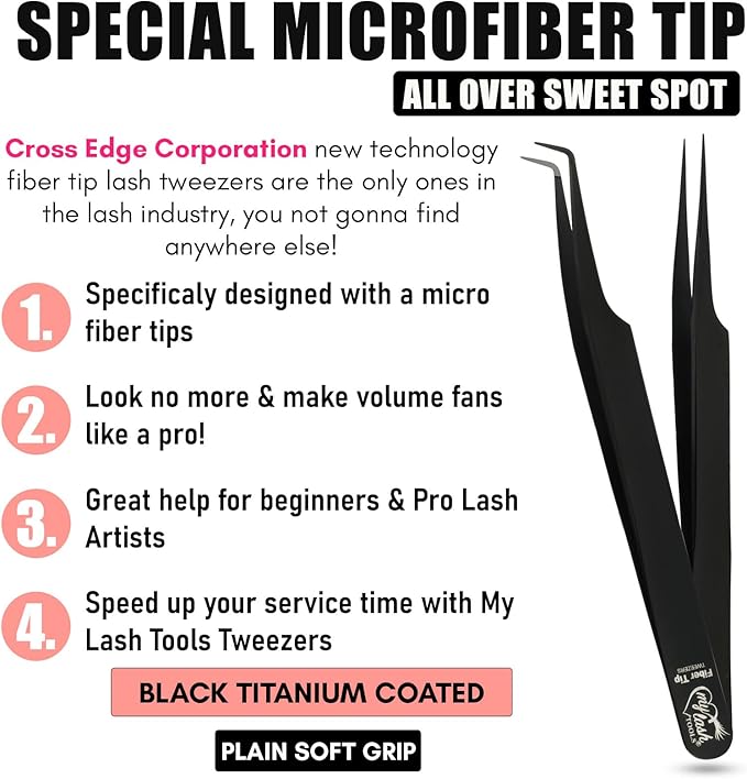 My Lash Tools Fiber Tip Lash Tweezers for Eyelash Extension Curved 90 Degree Angle Boot Tweezer Best for Volume, Individual Isolation & Classic Lashes Stainless Steel Lash Supply (Black 2x Set)