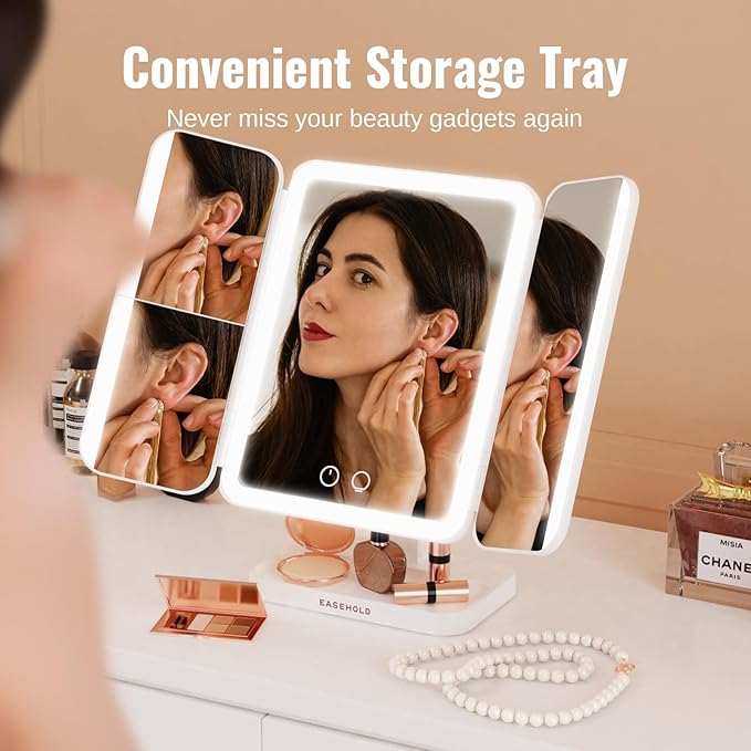 EASEHOLD Makeup Mirror with Lights, Rechargable Lighted Vanity Mirror with 116 LEDs, 1X/2X/3X Magnifying, 3-Color Mirror with LED Lights,5000 mAh Lighted Makeup Mirror, Adjustable Brightness/Angle
