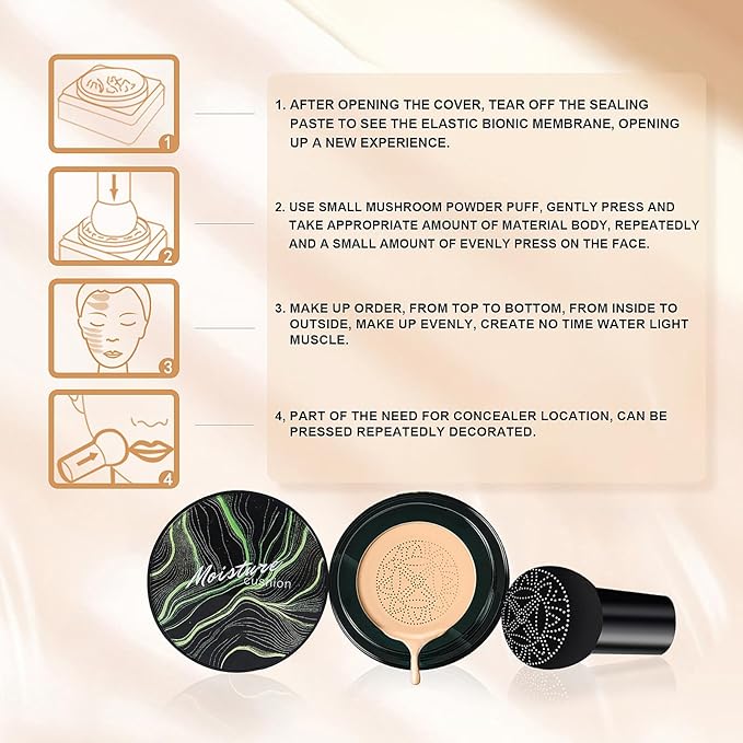 Mushroom Head Air Cushion CC Cream Foundation - Moisturizing & Long-Lasting BB Cream Concealer Makeup Base for All Skin Types, Brighten Long - Lasting Even Color Correcting Concealer (Medium Deep)