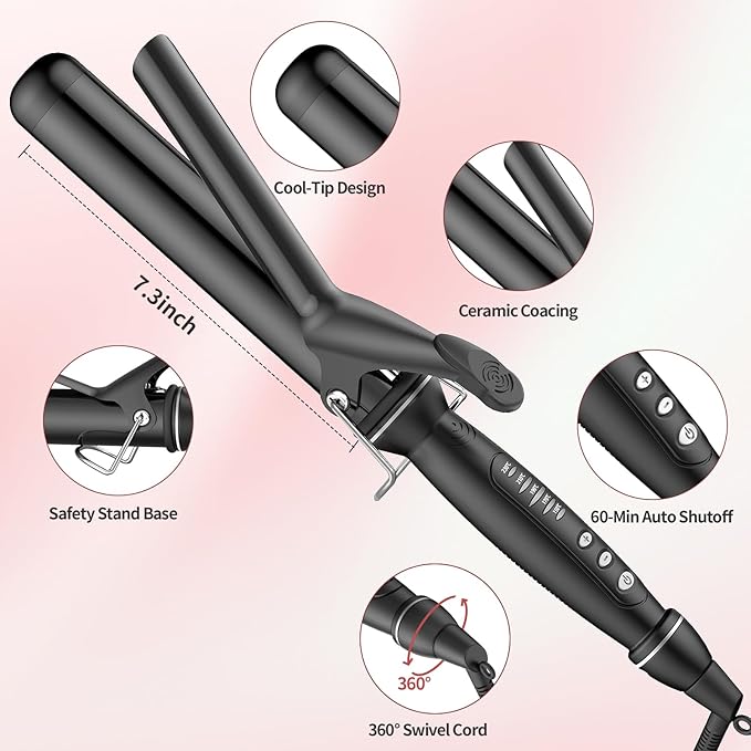1 1/2 Inch Curling Iron, Tourmaline Ceramic Extra Long Barrel Curling Iron 1.5 Inch with Auto Shut-Off, Dual Voltage 110-240V Hair Curler Suitable for Travel, Including Glove