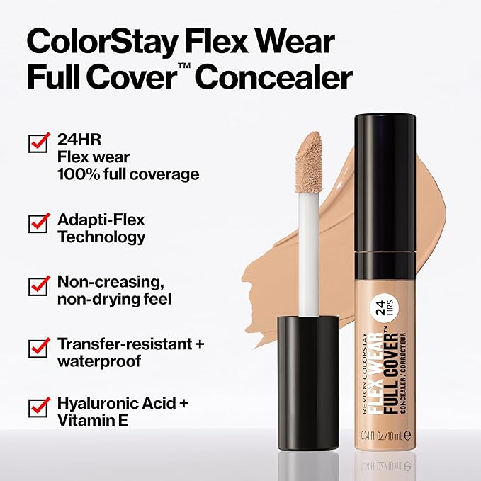 Revlon ColorStay Flex Wear, Full Cover Non-Creasing Concealer, Infused with Hyaluronic Acid & Vitamin E, Flexible Longwear, 010 Vanilla, 0.34 Fl Oz