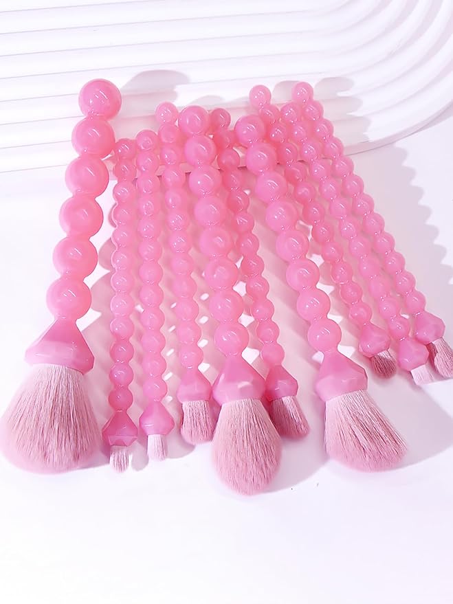 COSHINE Unique Diamond and Pearl Design Makeup Brush Set, 10pcs Cute and Full Complete Powder, Concealer, Blush, Eye Shadow Cosmetic Brushes Kit (PINK)