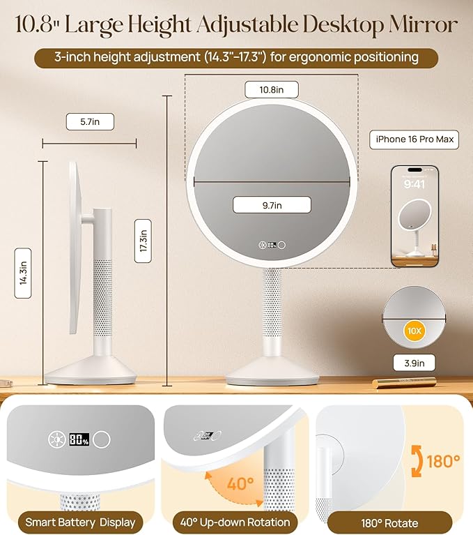 Gospire 10.8 Inch 2-in-1 Large Vanity Mirror with Lights & Bedside Table Lamp, Height Adjustable Lighted Makeup Mirror with Magnification 10X, 5000mAh Battery, 3-Color Desk Light Up Mirrors Bathroom