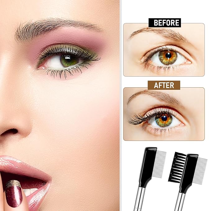 Eyelash Comb with Metal Teeth, 2 Pack Multi-purpose Lash Comb Resuable Eyelash Separator Tool Professional Eyebrow Brush Grooming Eyelash Brush with Wood Handle Eye Makeup Brush Tool for Women