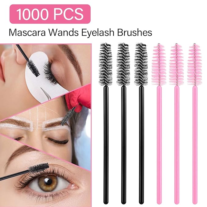 1000 Disposable Mascara Wands Eyelash Brushes Spoolies for Eyebrow Eye Lash Extension Black and Pink