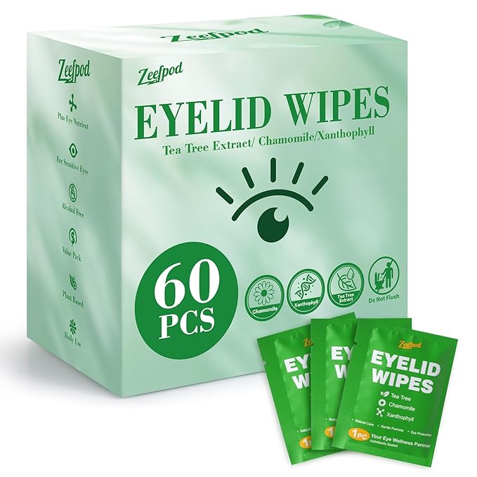 60PCS Tea Tree Oil Eyelid Wipes – Individually Wrapped Eye Lid Cleaning Wipes，Soothing For Sensitive Eyes, Stay Hydrated Lid Wipe