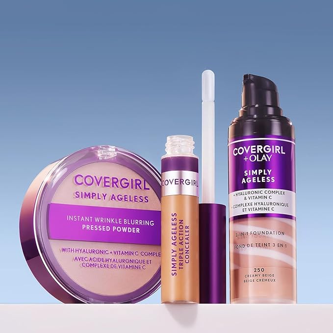 CoverGirl & Olay Simply Ageless 3-in-1 Liquid Foundation, Matte Finish, Hyaluronic & Vitamin C Formula, Warm Beige, 1 Count