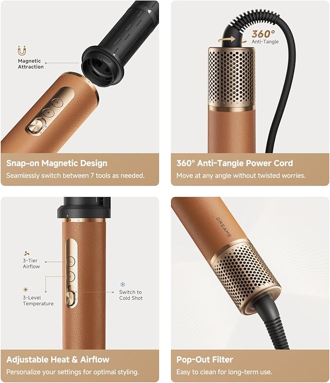 DREAME AirStyle Pro 7-in-1 Hair Styler & High Speed Dryer | Snap-on Attachments for Curling, Smoothing, Volumizing | Fast Drying, Frizz Control, Cool Shot | Luxury Leather Package