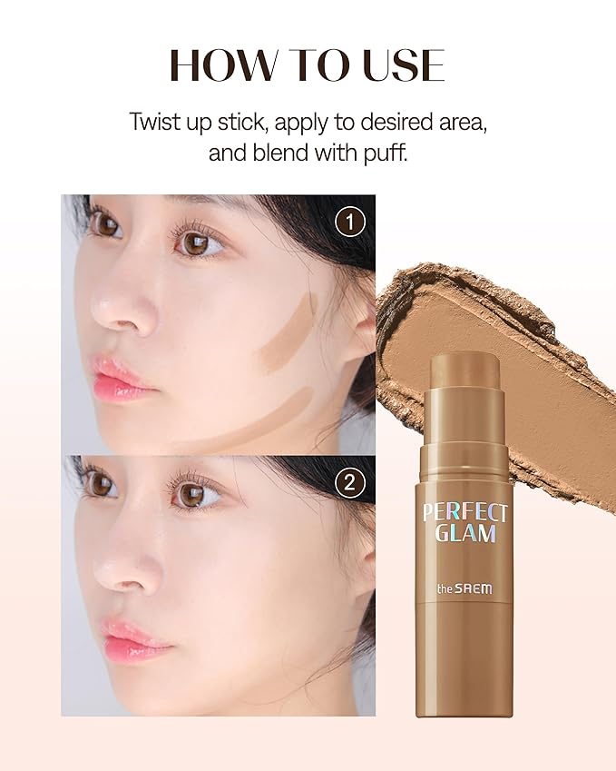 THESAEM Perfect Glam Stick Contour with Blending Sponge BR01 Brown Chou - Neutral Bronze Creamy Texture Face Contouring Balm - Silky Smooth Formula with Natural Dewy Finish, 0.2oz.