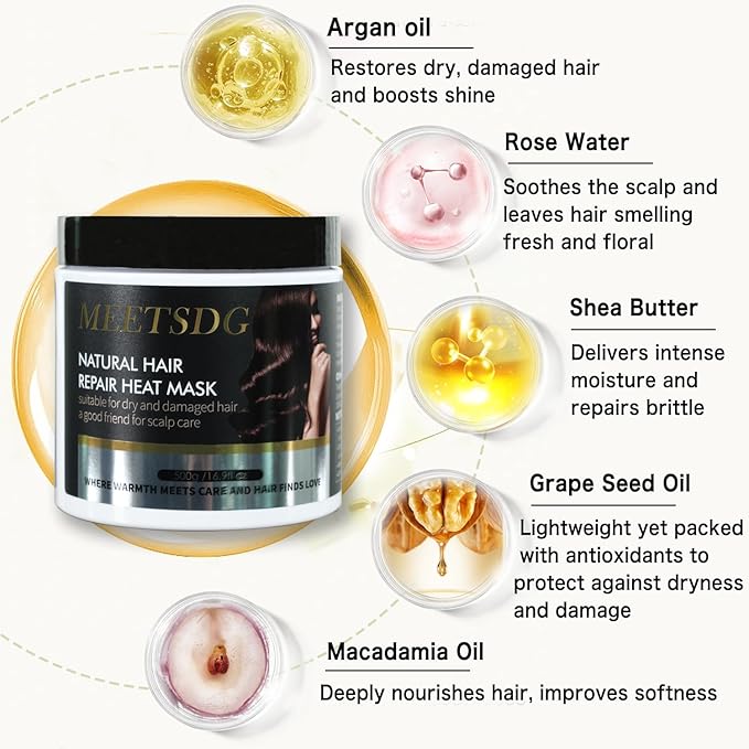 Hair Treatment Mask with Argan Oil & Shea Butter, Self-Heating Hair Mask – Intense Hydration for Dry & Damaged Hair – Sulfate-Free, Paraben-Free, 500g/16.9oz