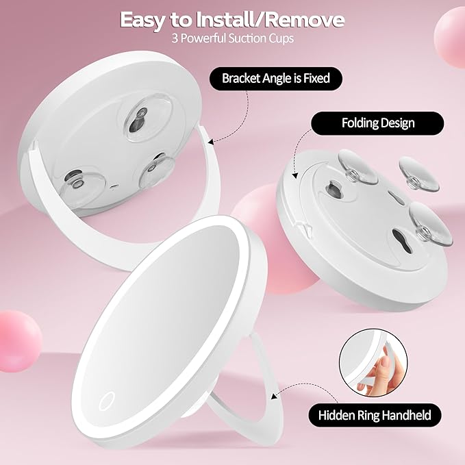 30X Magnifying Mirror Suction Cup, 6" Makeup Mirror with Lights, Rechargeable Travel Mirror with 3 Color Dimmable Lights for Precision Makeup, Fits Bathroom/Wall Suction/Hanging, White