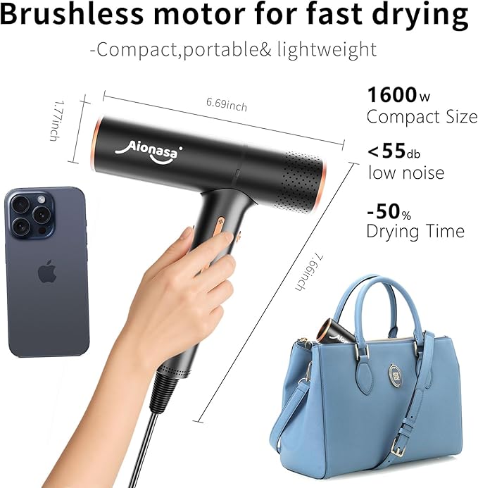 Hair Dryer, High Speed Ionic Blow Dryer with Brushless Motor for Fast Drying, Lightweight, Low Noise Compact Hair Blow Dryer, Hairdryer with 1 Magnetic Nozzle Attachments for Salon Home Travel