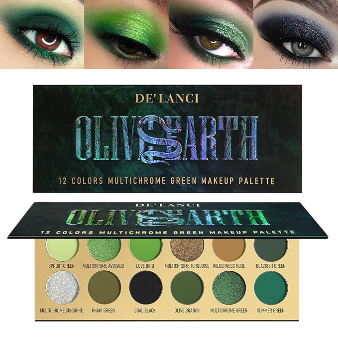 DE'LANCI Olive Green Eyeshadow Palette Multichrome, Ultra-Pigmented Chrome Brown Green Eye Shadow for Green Eyes Makeup, Matte Shimmer Dark Lime Emerald Eyeshadow Pallet for Goth Cos Christmas Makeup