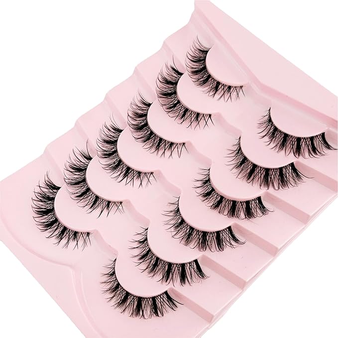 Wispy Lashes False Eyelashes Natural Look, Yasnai Cat Eye Lash Fake Lashes Volume Lashes, Natural Eyelash Strips Lashes Natural Eyelashes Clear Band 6 Pairs Pack