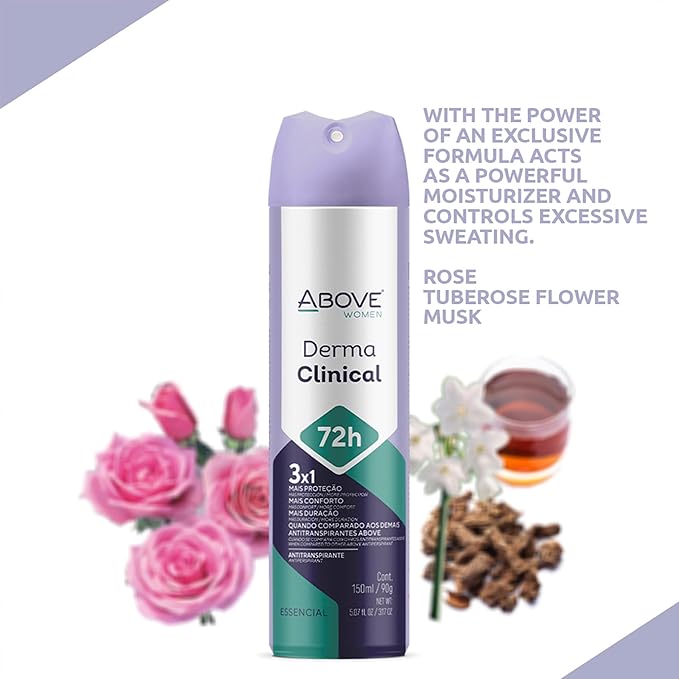 ABOVE 72H Whole Body Spray Deodorant for Women – Derma Clinical(4 Pack) – Aluminum Free Antiperspirant Deodorant Spray – Long-Lasting Protection, No Stains, Vegan, Cruelty-Free, Rose & Musk Scent
