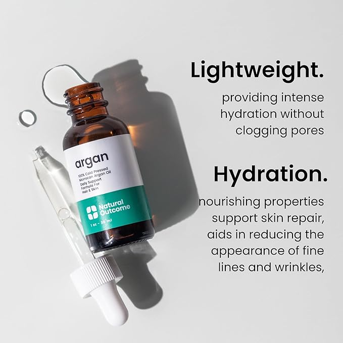 Argan Oil 100% Pure Moroccan Cold-Pressed Face, Body and Hair Lightweight Oil for Moisturizing, Hydrating & Skin Nourishment, 1 oz by Natural Outcome
